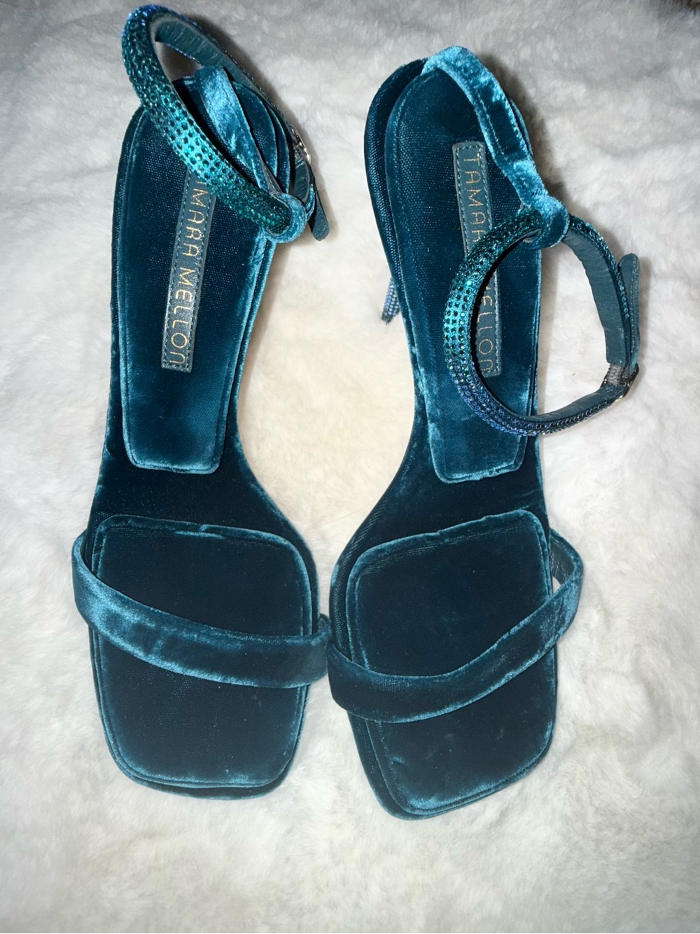 Tamara Mellon Teal Velvet Ankle Strap Heels